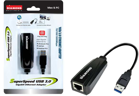 Diamond UE3000, USB to RJ45, USB 3.0 to 10/100/1000 Gigabit Ethernet LAN Network (UE3000) - Diamond Multimedia