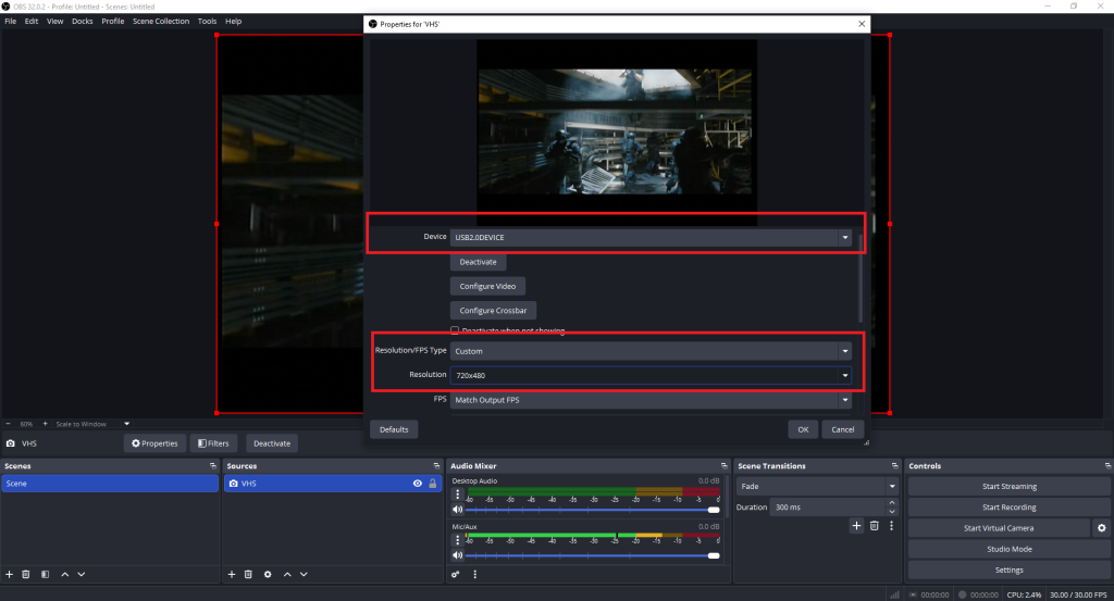 OBS Video Capture Device Selection: Select USB 2.0 Device
