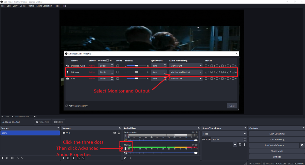 OBS Advanced Audio Properties: Monitor and Output Settings