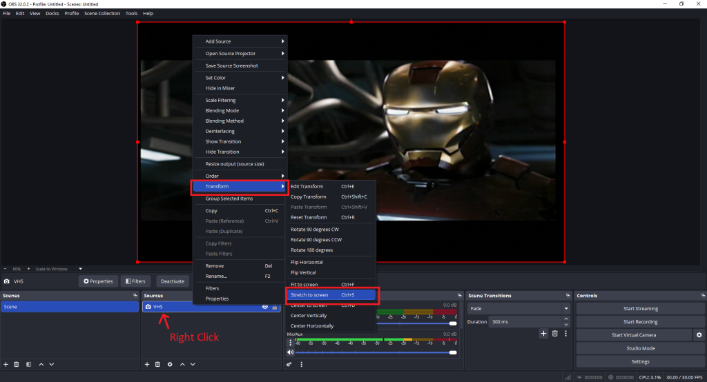 OBS Transform Menu: Stretch to Screen for VHS Capture